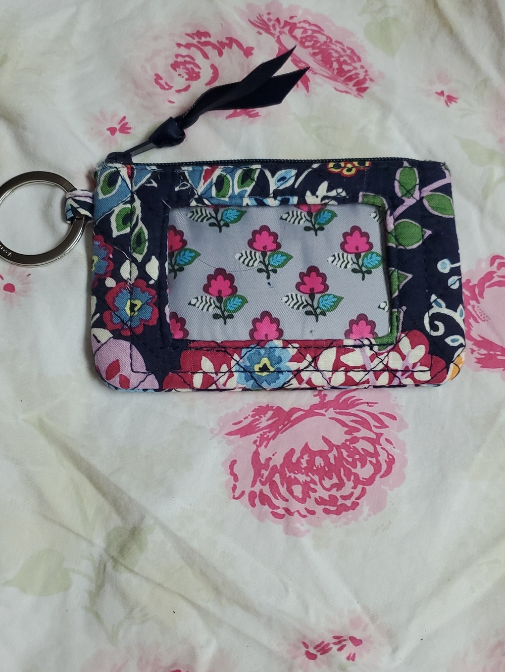 Vera Bradley Quilted Floral ID Holder Keyring - Pink & Navy
